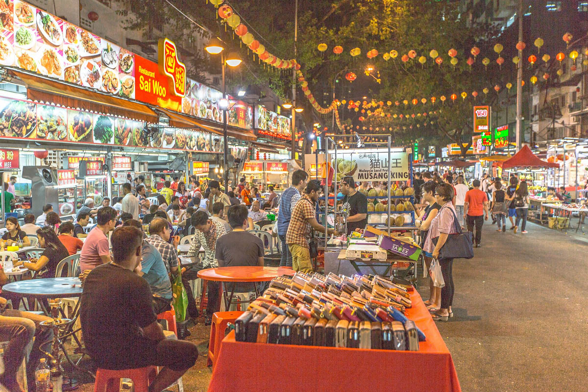 Jalan Alor night food street in Kuala Lumpur Malaysia — satay grills and hawker stalls
